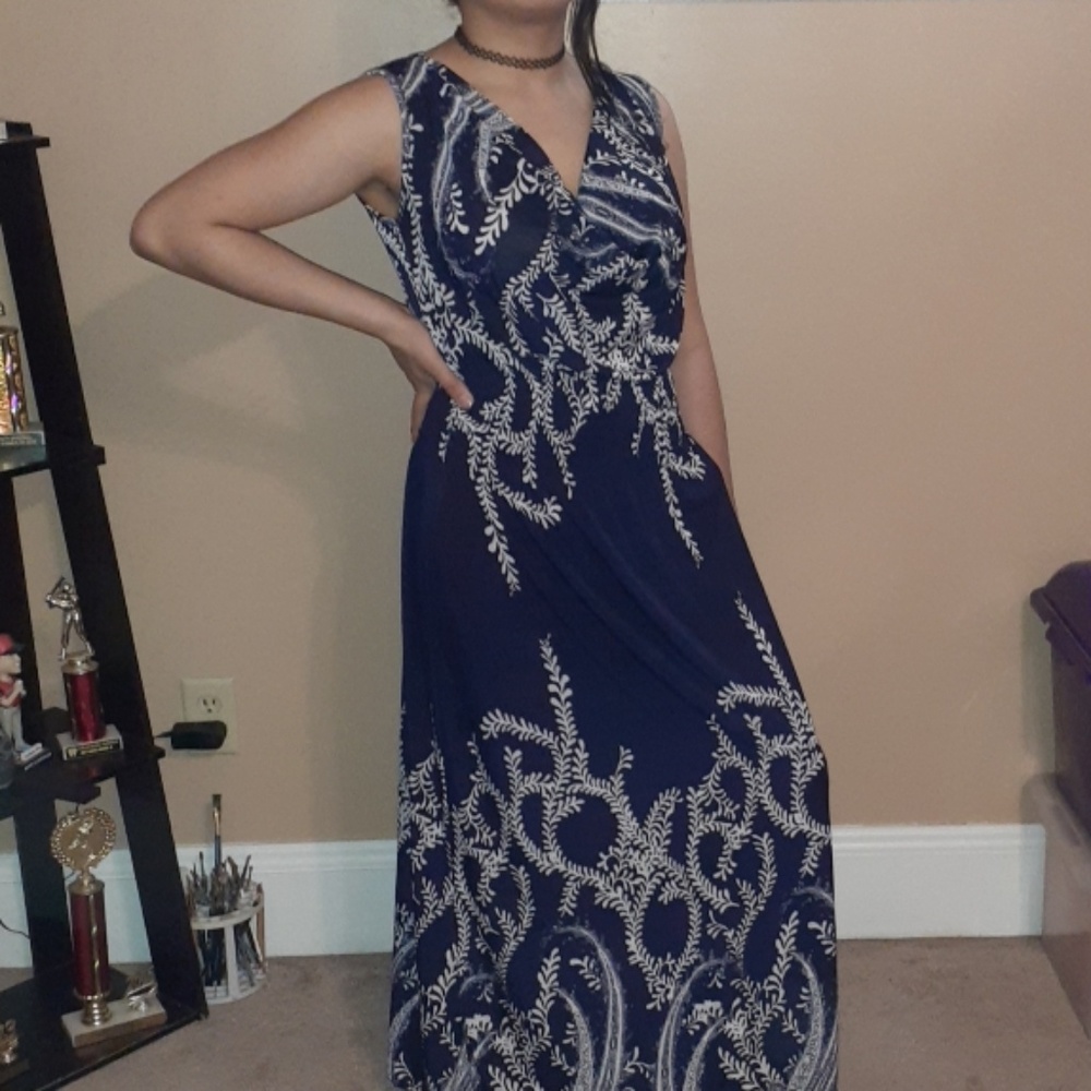 Long soft light navy blue and white dress